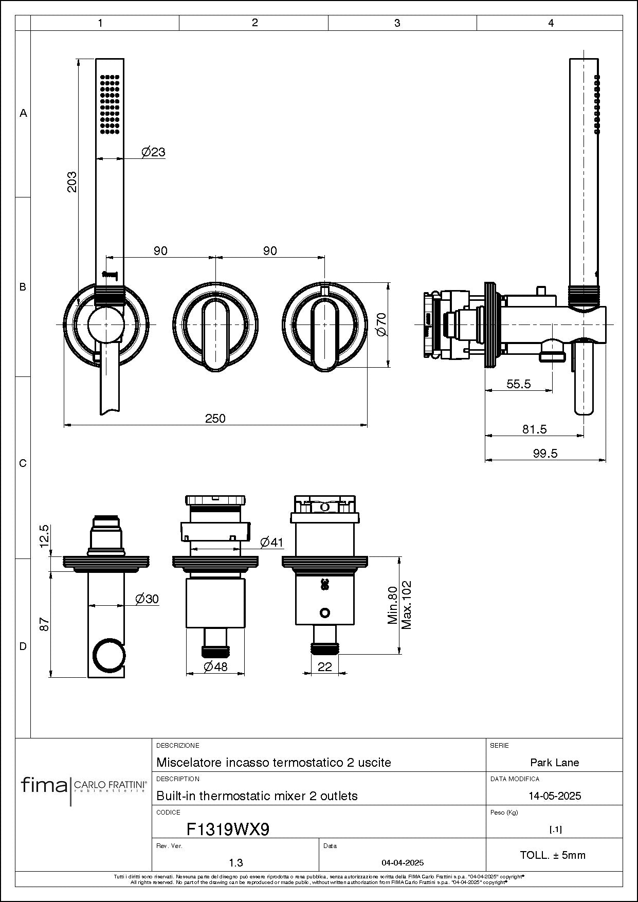 Fima Park Lane Thermostatic Diverter Set Incl Handshower - Finish