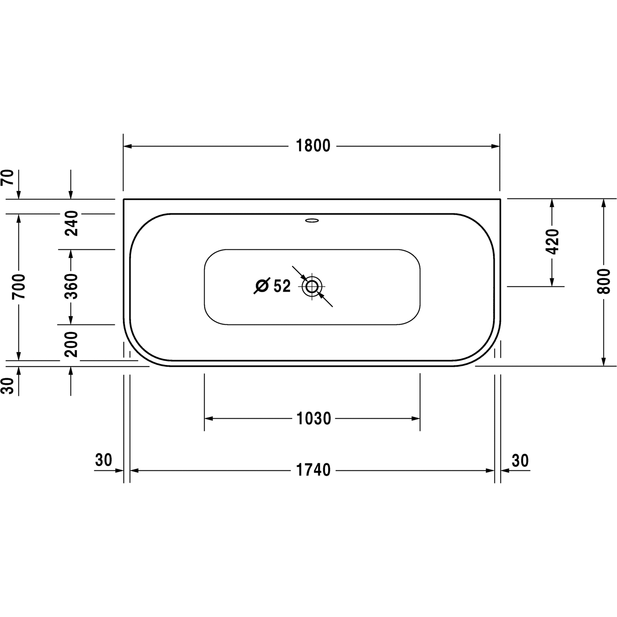 Bath Freestanding Rectangular Duravit Happy D.2 1800x800mm Back-To