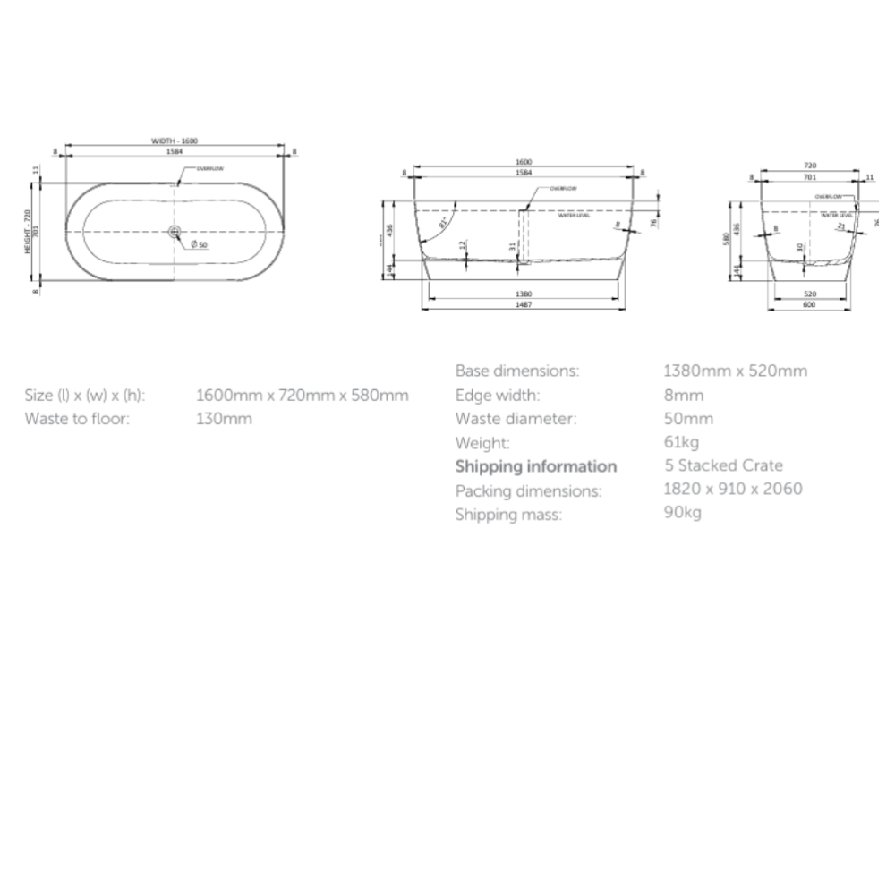 Bath Freestanding Oval Mietre Veil 1600x720x580 Quartz Matte White