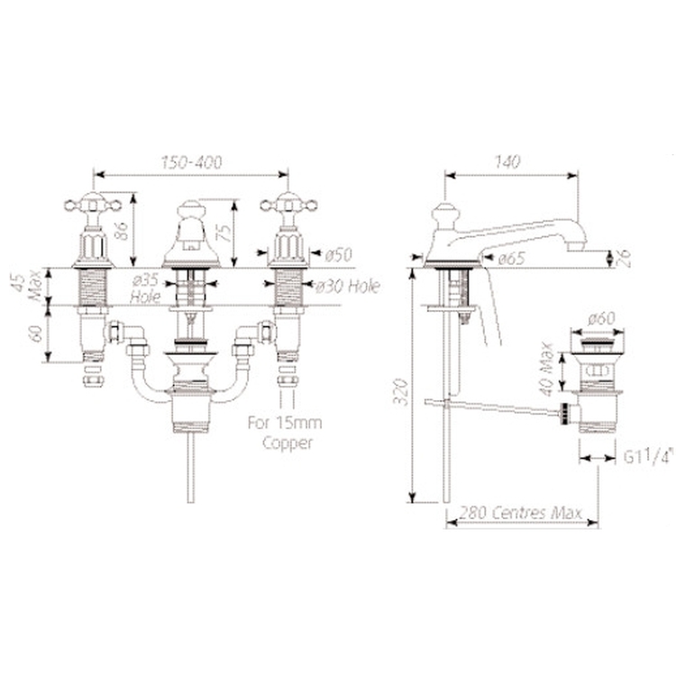 Perrin & Rowe - Three hole deck mounted basin mixer - Crosshead