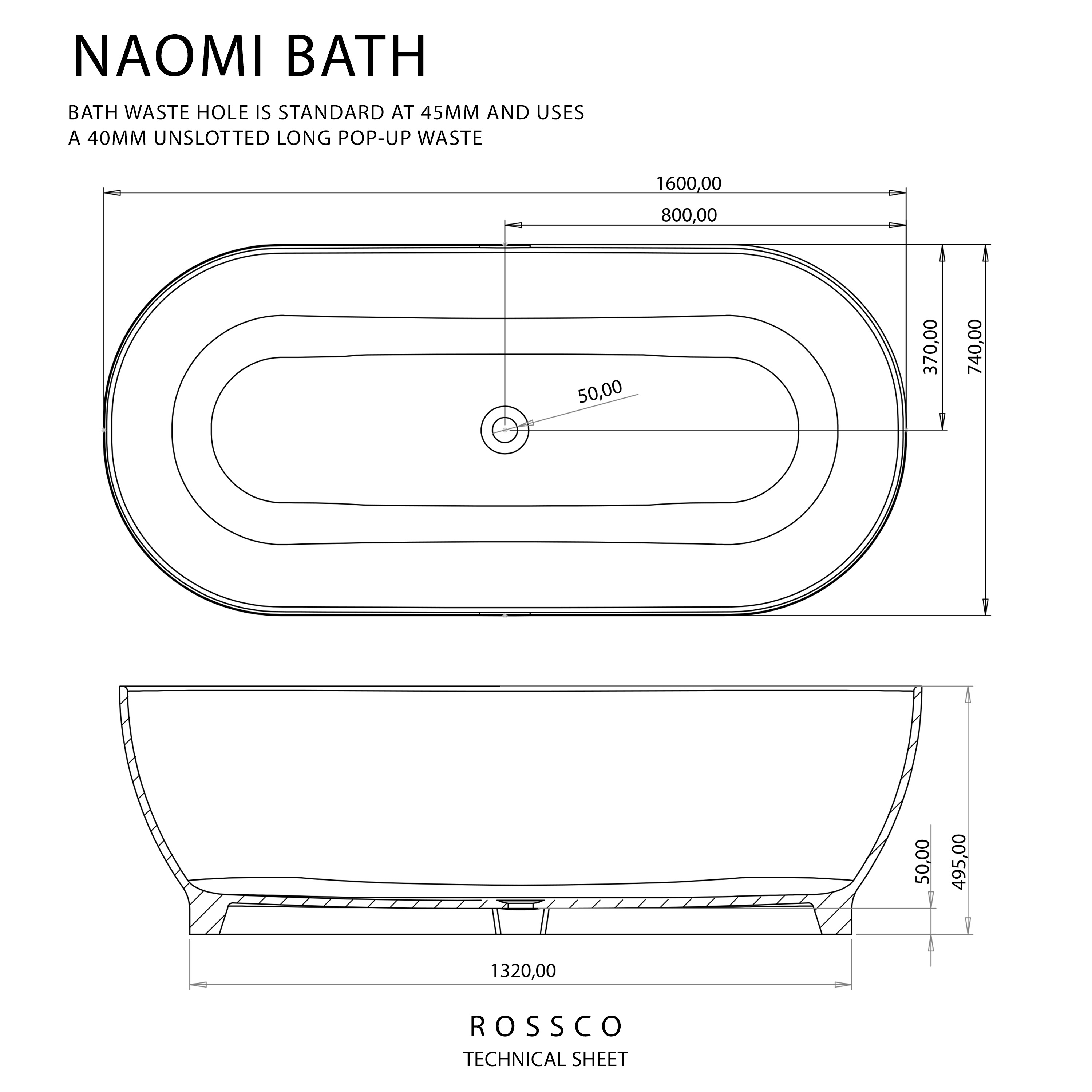 kakemono.夏 0/0 limited Bath Freestanding Rossco Naomi Oval 1595mm (L) x 738mm (W) x 520mm