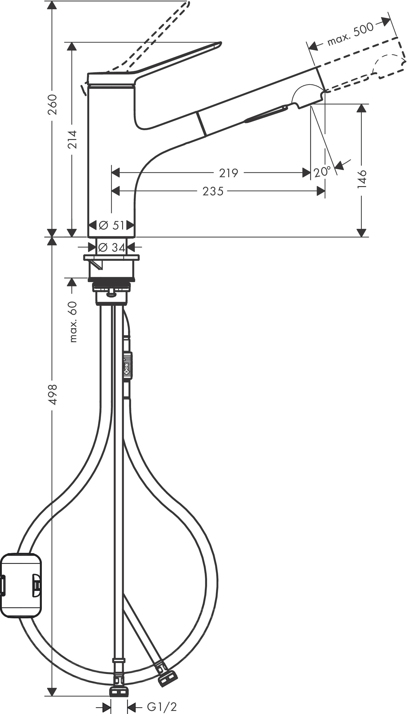 Tap Sink Mixer Deck Type Hansgrohe Zesis M33 KM 150 with Pull-Out