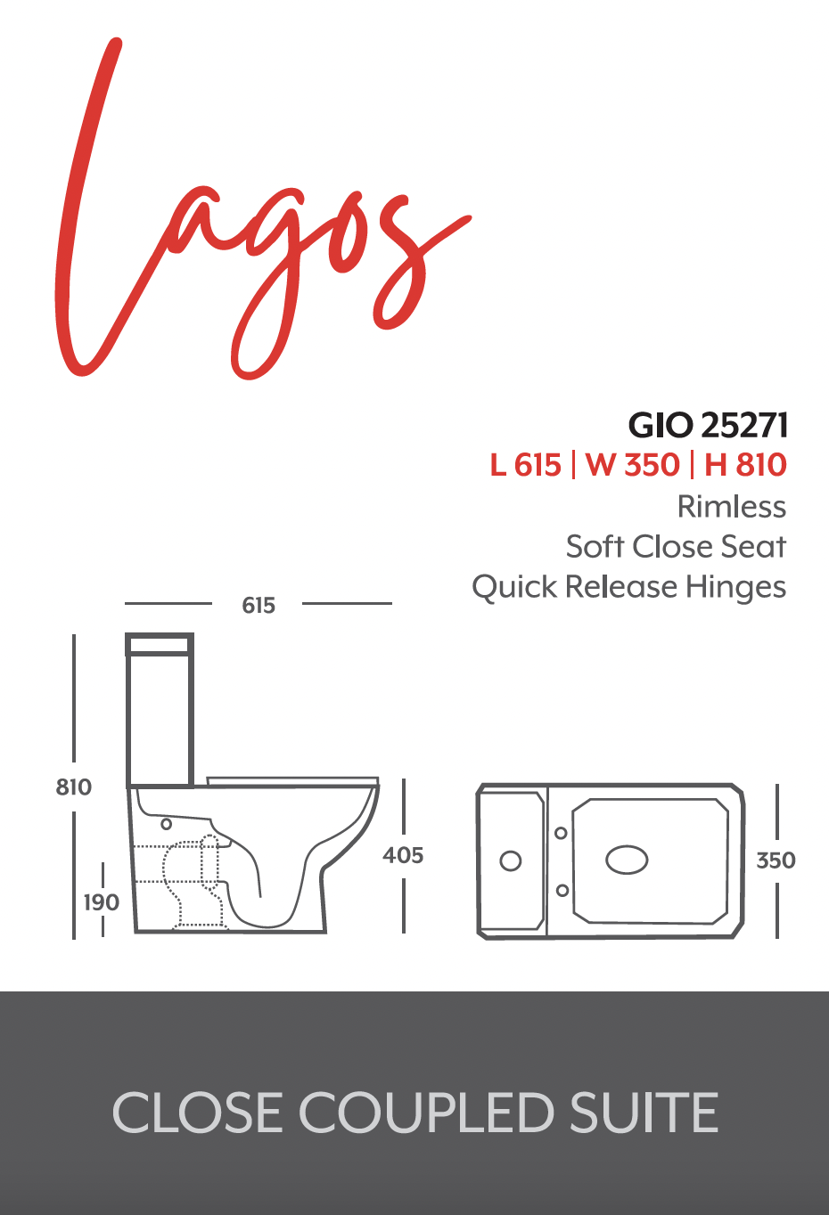 Toilet Close Coupled Gio Lagos Suite Rimless with Soft Closing